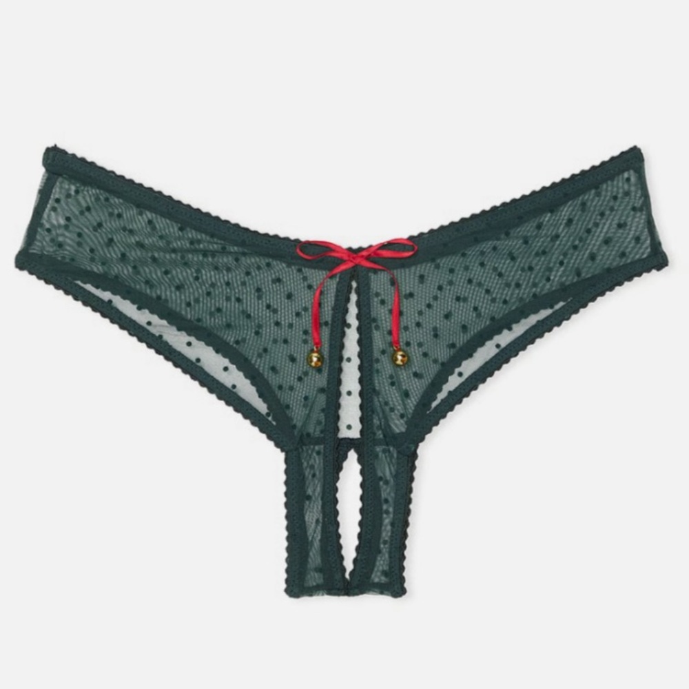 Victoria's Secret jingle bell green polka dot Mesh crotchless panty